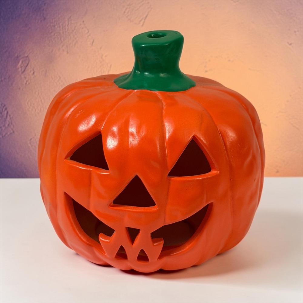 Vintage Orange Ceramic Jack O Lantern Halloween Pumpkin Lantern Decor 6.5in